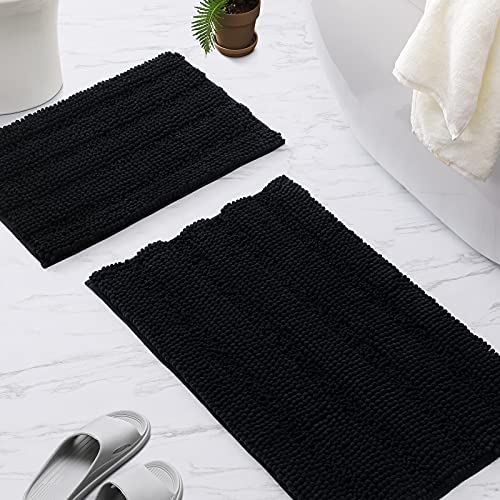 Black Bathroom Rugs and Mats Sets 2 Piece, Chenille Bath Rugs Set Super Absorbent Bathroom Floor Mat, Machine Washable Non-Slip Bath Mats for Bathroom, 17x24 Plus 20x30 , Ciicool