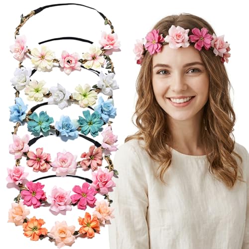 6 Stück Blumenkranz Haare Set Blumen Haarreif & Haarschmuck Blumen Oktoberfest Accessoires & Dirndl Zubehör Damen Haarkranz Blumen für Hochzeit Schlagerparty Outfit Hawaii Outfit Damen
