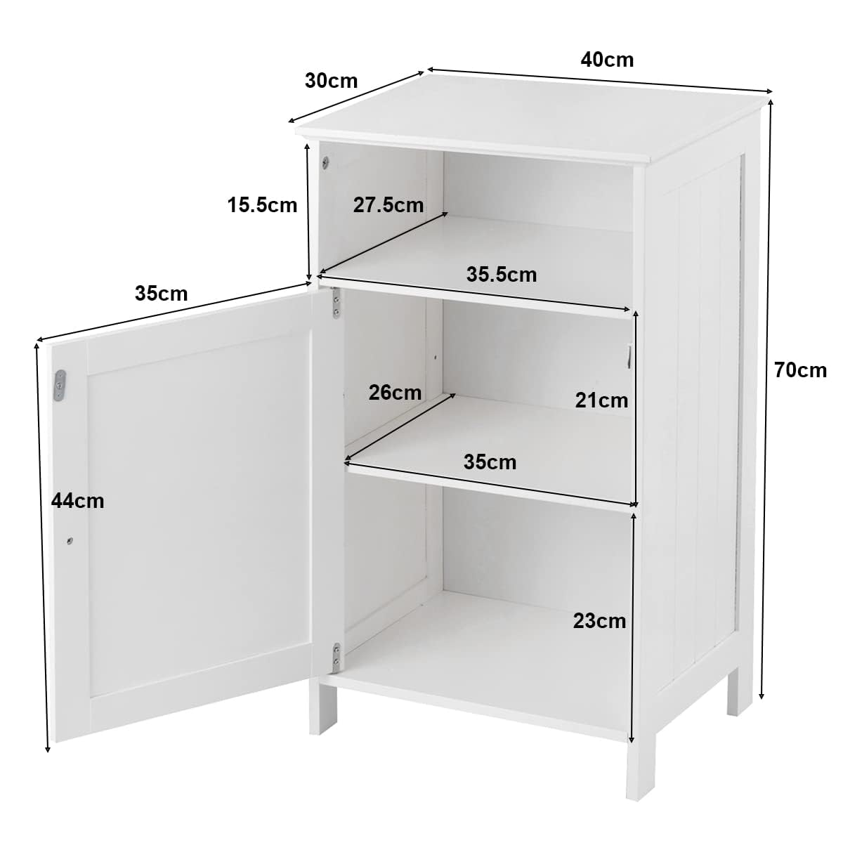 LIFEZEAL Mobiletto Bagno Salvaspazio con 1 Anta e Ripiano Interno Regolabile, Armadietto da Bagno da Terra in Legno, Mobiletto Multiuso di Gran Capacità, 40 x 30 x 70 cm (bianco)