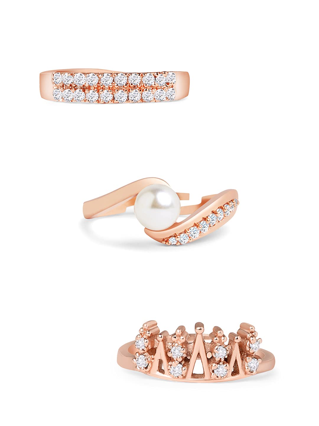 Set of 3 Rose Gold Contemporary Cubic Zirconia Brass Adjustable Rings For Women-ZPFK11174