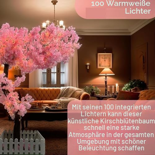 Lebensechter künstlicher Kirschblütenbaum, großer handgefertigter künstlicher Baum mit realistischen Blüten, großer dekorativer Wunschbaum für Innen- und Außenbereich, Zuhause, Büro, Party und