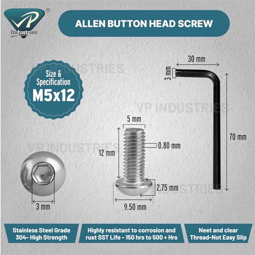Image of Rely⇒VP INDUSTRIES (Pcs-25) M5x12 mm Button Head Cap Screw Stainless Steel Grade 304 | Allen Round Mushroom Head Screw with Allen Key 1 Pc