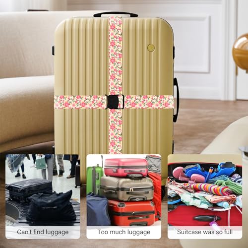 Image of Luggage Straps for Suitcases, Travel Adjustable Belt with Quick Release Buckle, Heavy Duty Nylon Bag Packing Strap, Unique Bright Identifiers Business Travel Accessories (2 Pack) - Pink Flowers