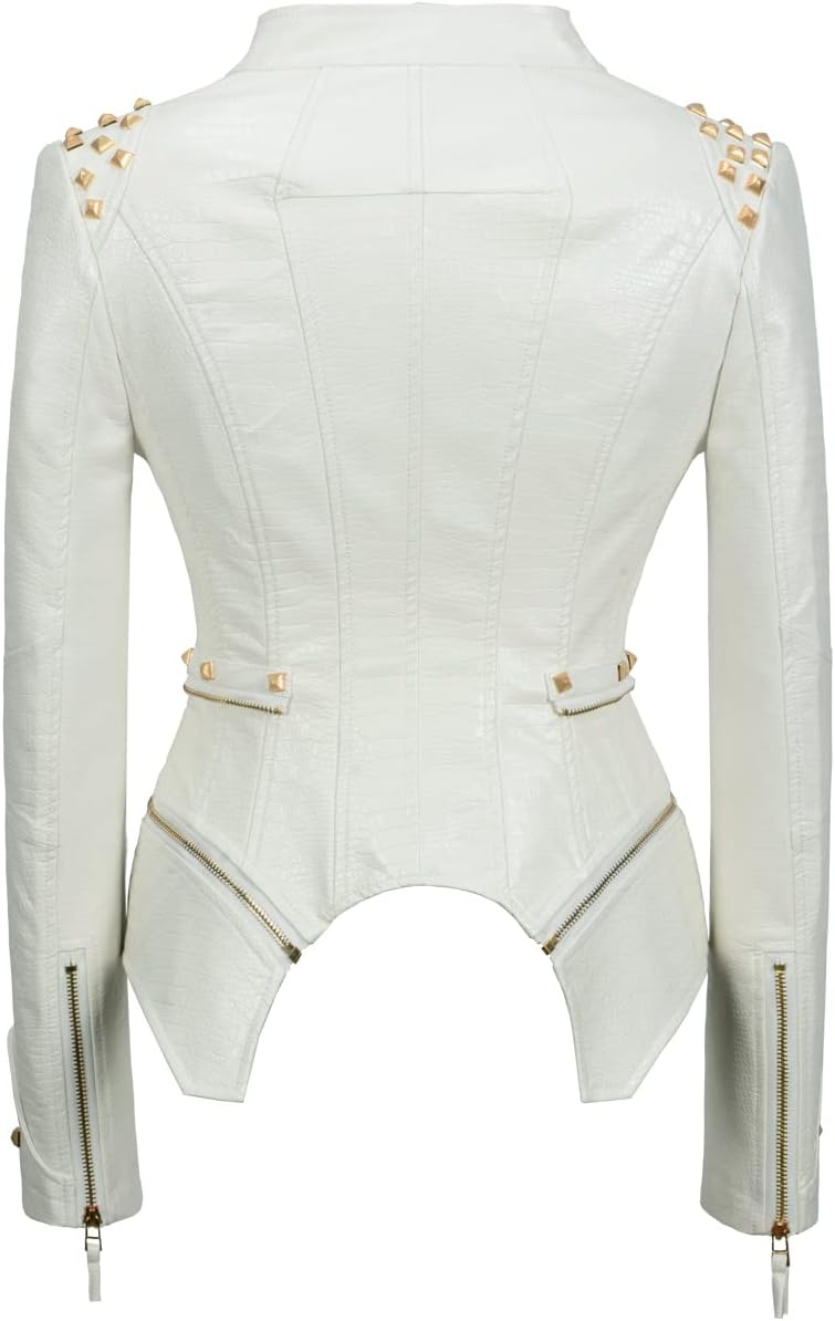 Fashion SX Women's Punk Studded Faux-alligator Print Pattern PU Leather Jackets Zipper Moto Biker Coat - Image 4