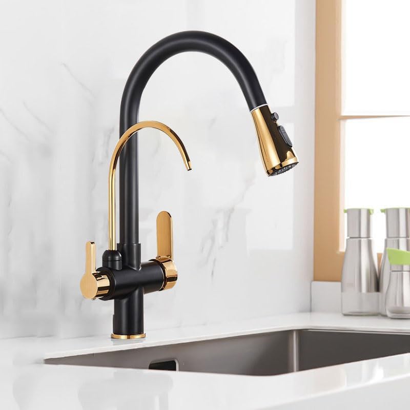 3 Way Kitchen Mixer Taps with Drinking Water Filter Tap Brass Kitchen Tap with Pull Out Spray 360° Swivel 3 Way Kitchen Tap Gold,Black+gold，Black+gold A