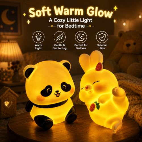 Image of Cubbie Shy Panda & Lovely Bunny Night Light Combo for Kids, 2 PCS PVC Warm Light, Battery Operated Cute Bedside Lamps (Shy Panda Lovely Bunny)