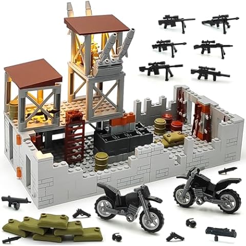 DIY Military Base building blocks Set for Army Minifigure War Scene, Rotatable Defence Base Guard Tower Weapons Guns Battle Accessories Building brick Toy for Kids 8 10 12 14 Years (Military base) Cover