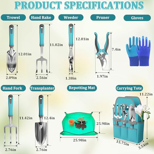 9-Piece Premium Garden Tools Set - Heavy Duty Hand Tool with Non-Slip Rubber Grip, Tote Bag, Pruner, Gloves, Repotting Mat - Rust-Proof Gardening Kit for Planting, Weeding, Pruning - Gift for Gardener - Image 3
