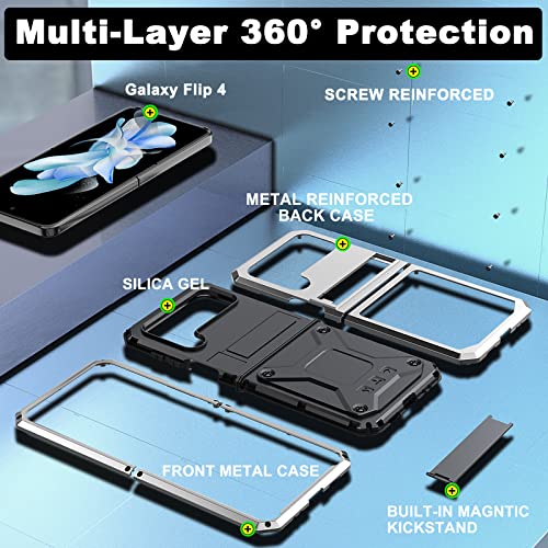 Ninki Compatible For Samsung Galaxy Z Flip 4 Metal Case With Kickstand,3 Layers Full Body Protective Shockproof Aluminium Cover Case For Samsung Z Flip 4 Phone Case Samsung Galaxy Z Flip 4 Case Silver #TOP1