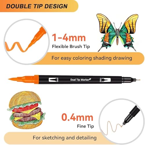 Image of Dual Tip Brush Pens Set with Carry Case | Water-Based No-Bleed Sketch Markers with Brush & Fine Tip | Calligraphy, Coloring, Drawing & Bullet Journaling Art Markers for Kids & Adults (100)