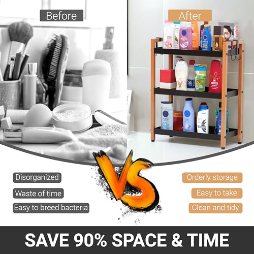 Image of Livzing Metal 3 Tier Spice Rack for Kitchen Space Saving Countertop Storage Racks Cosmetics Organizer Kitchen Shelf Bathroom Organizer Stand Multipurpose Tiered Shelves With Plastic Hooks - Black