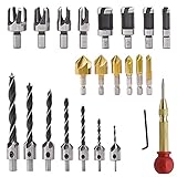 23 Pack Woodworking Chamfer Drilling Tool, 6pcs Countersink Drill Bit, 7pcs Three Pointed Countersink Drill Bit, 8pcs Wood Plug Cutter, with L-Wrench and Automatic Center Punch