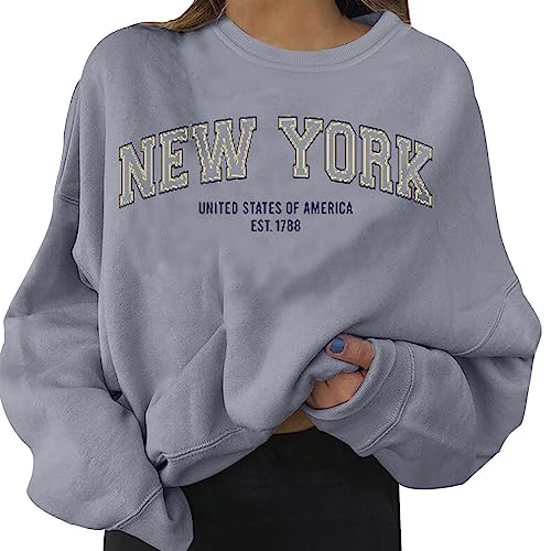 Trendy Crewneck Sweatshirts Solid Color Loose Loose Fitting Letter Print Crew Neck Texas Long Sleeve Relaxed Fit Soft