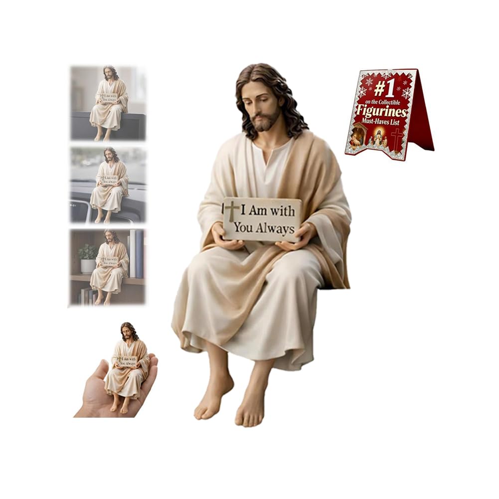 1PC Jesus Resin Desk Companion Figurine,Handmade Sitting Design Jesus Christ Statue,I Am with You Always Sign JesusStatue,Unique Spiritual Religious Gift for Car Dashboard Home Office Table Decor
