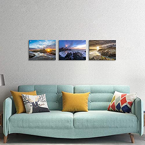 Ocean Lighthouse Wall Art - Coastal Beach View Poster Prints Sunrise Nature Landscape Canvas Wall Art Framed For Walls Decor 12"X16"X3Pcs #TOP3