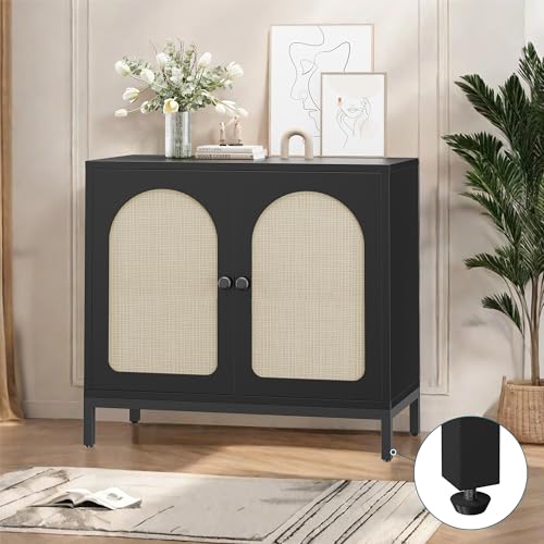 GarveeHome Rattan Sideboard Buffet Cabinet Set of 2, Boho Accent Kitchen Storage Liquor Bar Console Cabinet with Adjustable Shelf for Living Room, Hallway, Black