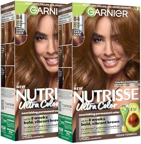 Garnier Nutrisse Ultra Color Hair Color, Permanent Hair Dye for Up to 8 Weeks of Bold, Vibrant, Fade-Resistant Results, Vegan & Cruelty-Free, B4 Golden Mahogany Brown (Caramel Chocolate), 2 Count