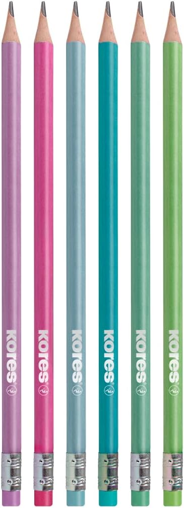 Kores Grafitos Style pre-sharpened graphite pencils with latex-free colourful erasers, wooden pencils coated in trendy metallic colours, 6 pcs in hanging box for school, office, sketching, writing