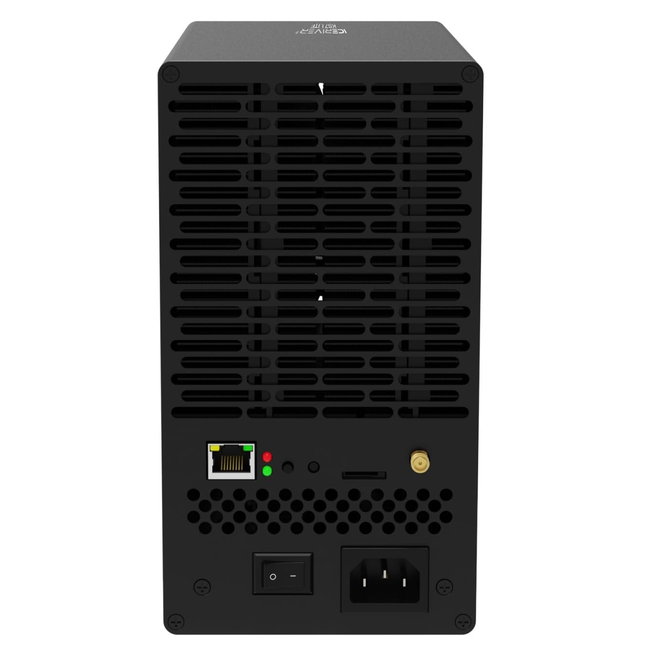 Bag view of the ICERIVER KS7 LITE Kaspa Miner showing Ethernet port, indicator lights, power switch, and power input.