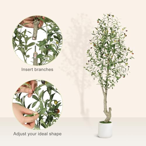 GarveeHome Faux Olive Tree 5ft, Olive Trees Artificial Indoor with White Planter, Artificial Silk Plants with Green Leaves and Big Fruits for Home Office DéCor Living Room Bedroom Stairs Foyer,2 Pack