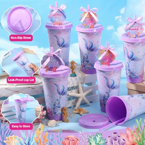 Honeydak 12 Sets Mermaid Party Cups with Lid and Straw 24oz Mermaid Birthday Favors Tail Shell Pastel Reusable Cups Bulk and Greeting Card Appreciation Gift for Baby Shower Ocean Party Supplies by Honeydak - Used condition - Image 3