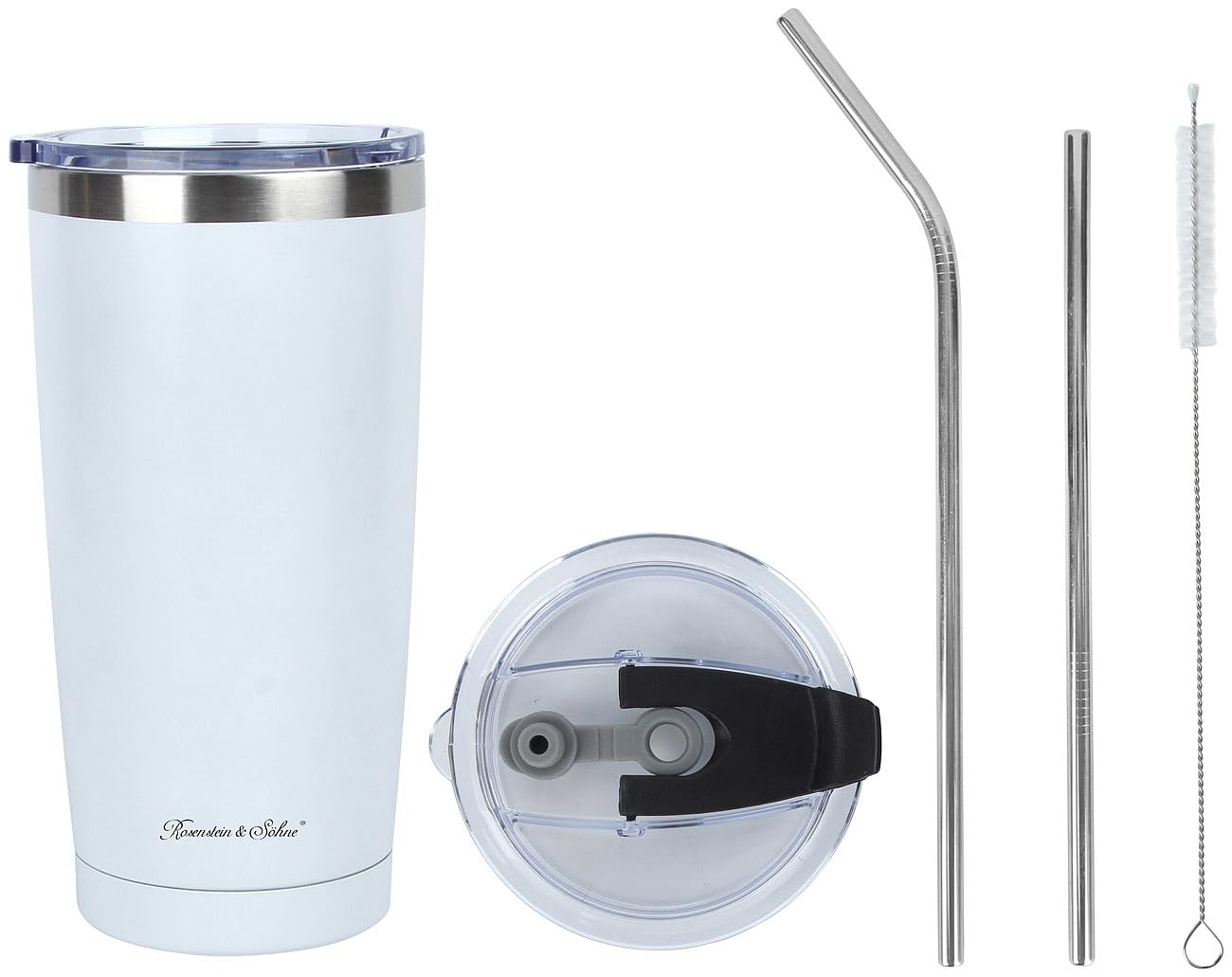 Rosenstein & Söhne Becher: 4er-Set doppelwandige Isolierbecher, weiß, 600 ml, Edelstahl (Isolierbecher mit Deckel, für Smoothie, Kfz)