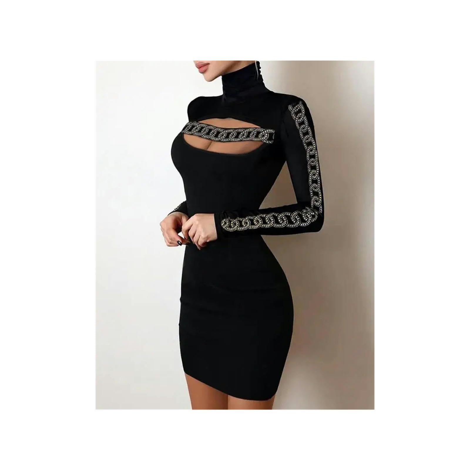 Vestito Donna Abiti da Sera per Donne Eleganti Sexy da Festa Sexy in Pizzo Ritaglio A Maniche Lunghe Mini Abito-Un-m