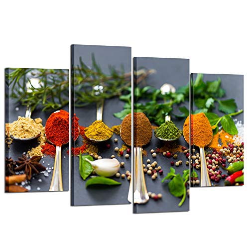 Kreative Arts 4 Panel Kitchen Pictures Wall Decor Colorful Spice in Spoon Vintage Canvas Wall Art Food Photos Painting On Canvas Stretched Framed Home Decoration Gift Ready to Hang