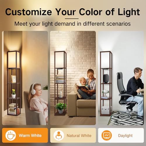 Image of OUTON Floor Lamp with Shelves, LED Shelf Floor Lamp with USB & Type C Ports, 1 AC Outlet, 3 Color Temperature, Storage Display Wood Column Tall Standing Lamp for Living Room, Bedroom Office, Walnut