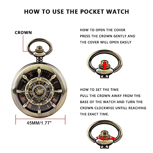 Image of Men's Mechanical Hollow Design Hand Wind Pocket Watch Roman Numerals Steampunk with Chain Box