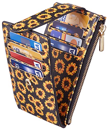 Image of Chelmon Women's RFID Slim Card Holder Wallet | Thin Bifold Multi Card Case with Zipper Coin Pocket Purse for Women(Sunflower)