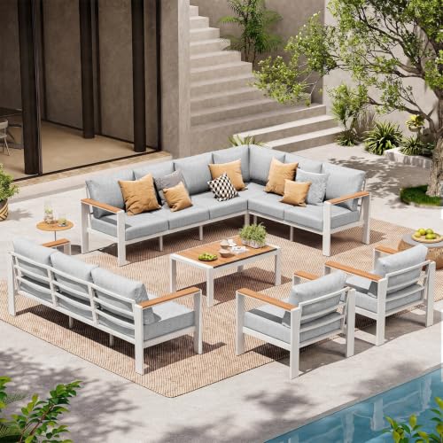 Image of Aluminum Outdoor Patio Furniture Set, 11 Seats Patio Conversation Sets, Oversized Outdoor Sectional with Washable Thick Cushions & Coffee Table for Backyard, Garden and Poolside, White