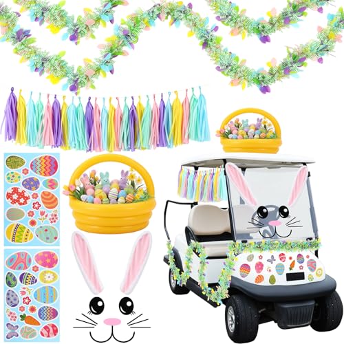 Soulchen 42 Pcs Easter Parade Golf Cart Decoration Kit With Bunny Ears Giant Inflatable Gift Basket Colorful Egg Stickers Tinsel Garlands Spring Bunny Golf Cart Accessories For Easter Day Car Decor