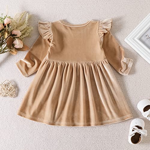 Idopip Toddler Baby Girls Velvet Tutu Dress Ruffle Long Sleeve Princess Pageant Christmas Party Wedding Dresses Fall Winter Clothes Infant Kids Birthday Holiday Playwear Dresses Outfit Khaki 9-12 Months thumb #2