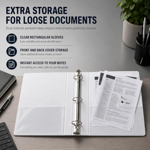 Image of 4 Pack 6 Inch 3 Ring Binder, Locking D-Ring, Holds 1100+ Sheets, White | Heavy Duty PVC-Free with Pockets, Fits 8.5 x 11 Inch, Clear View Customizable Cover, for Legal Files - Ring Binder Depot