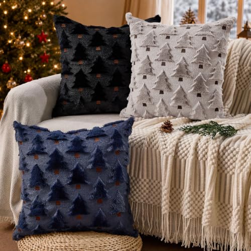 Image of Allorry Christmas Pillow Covers 16x16 inch Set of 2 Grey Christmas Decorations Soft Plush Faux Fur Wool Christmas Tree Throw Pillow Cases Winter Holiday Decor for Sofa Living Room PT002I16