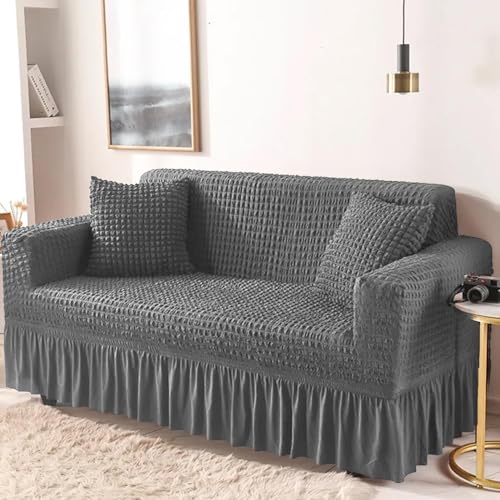 Image of Lukzer 320 GSM Ash Grey 1 Seater Turkish Sofa Cover Universal Couch Protector Bubble Fabric with Frill Universal Big Elasticity Furniture Slipcover (70-110cm /SC-099-01)