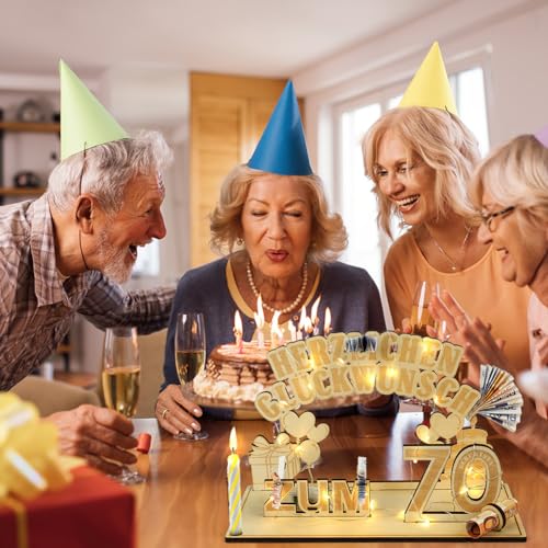 HOTUT Holz Schild Gästebuch, 70 Geburtstag Geschenk Frauen & Männer, Geldgeschenke Geburtstag 70 mit LED Lichterkette Ständer, 70 Geburtstag Jubiläum, Geburtstag Deko, Personalisierbares Geschenk