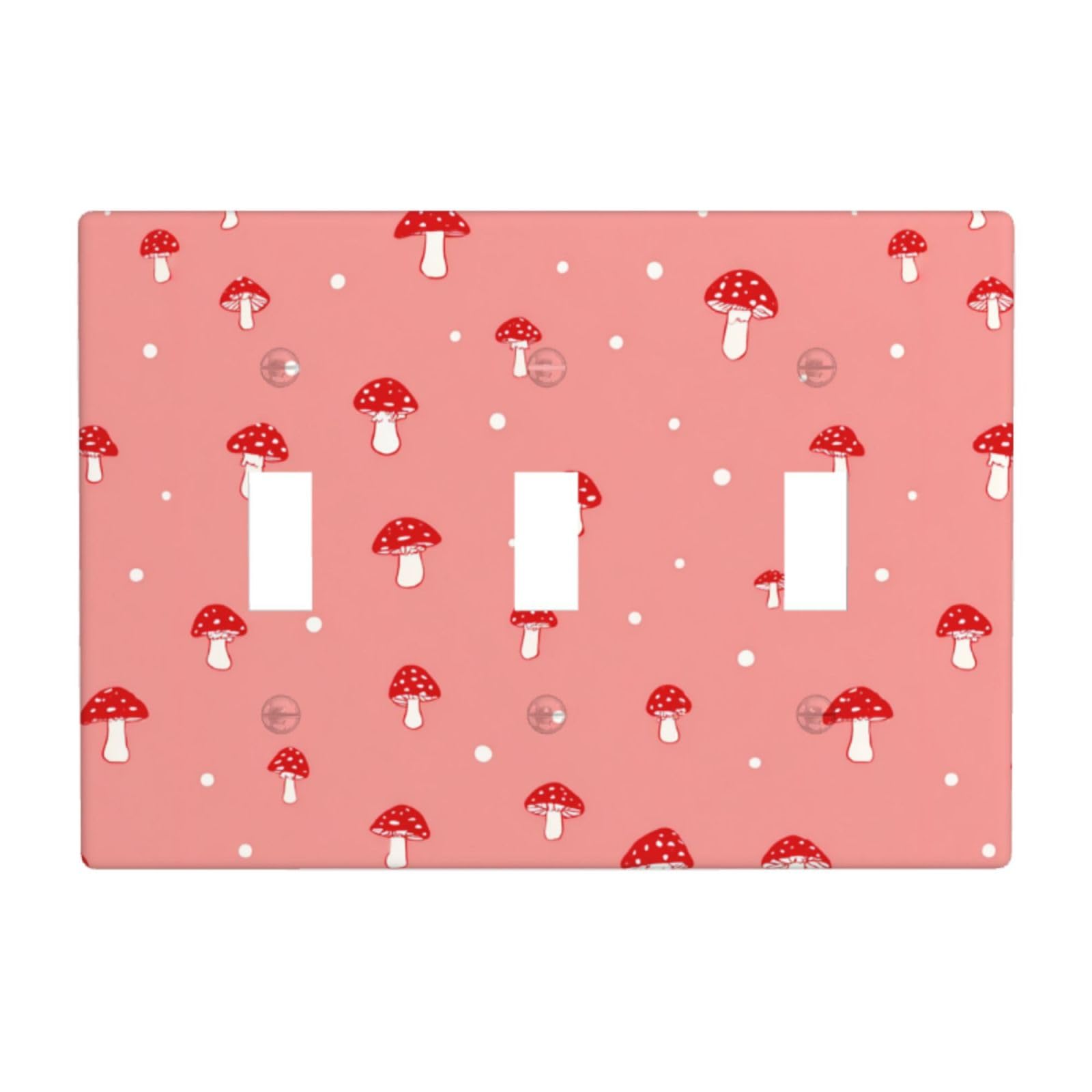 Small Red Mushrooms On Pink Light Switch Covers 3 Gang Triple Toggle Wall Plate Switchplate Electrical Faceplate for Bathroom Kitchen Bedroom Decor
