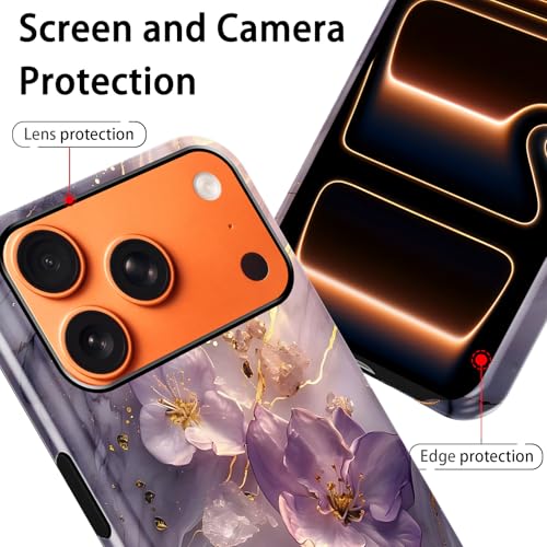 Coque iPhone 17 Pro Max en marbre violet rétro avec lignes dorées élégantes et double protection