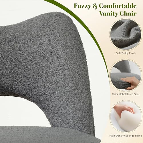 Image of DurayLoly Vanity Chair with Open-Back & Wheels,Armless,Grey | 360 Silent Wheels,Comfy Teddy Fleece,Height Adjustable for Make-up Room,Bedroom,Dorm,Grey