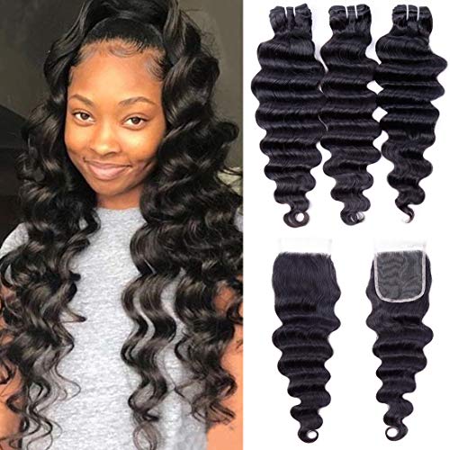 8A Brazilian Loose Deep Wave Bundles with Closure (18 20 22+16,Free Part) 3 Bundles Human Hair Bundles with Lace Closure RESACA Loose Deep Unprocessed Hair Bundles with 4x4 Closure