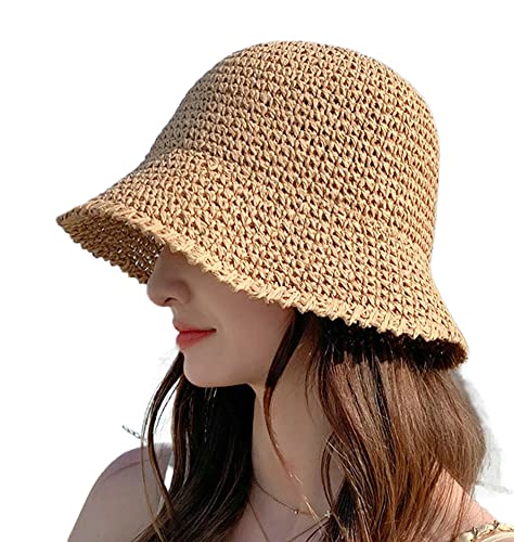 Womens Sun Bucket Straw Hats Foladable Summer Beach Hat Portable Fishing Hat Womens Beach Sunhat Khaki #TOP24