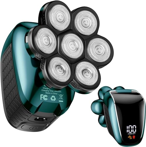 Head Shaver 7D, Wyklaus Upgrade Head Shavers for Bald Men, Head Electric Razor with Nose Hair Trimmer, Waterproof Wet/Dry Mens Grooming Kit, Anti-Pinch, LED Display, USB Rechargeable（Green）