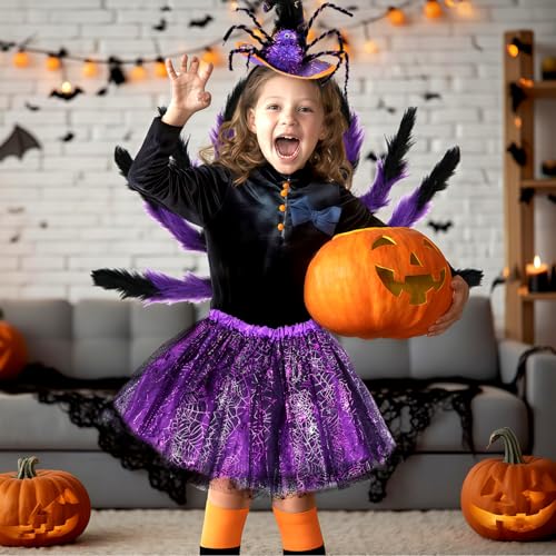 HUKUMA Halloween Kostüm Kinder,Spinne Kostüm Mädchen, Spinnenkostüm mit Tüllrock Spinnenrucksack Spinne Haarreifen, Costume Kids für Halloween, Karnevals, Fasching, Cosplay Themenpartys