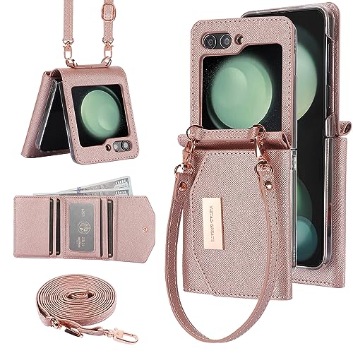 XIMAND for Samsung Galaxy Z Flip 6 Wallet Case with Built-in Leather Cash Slot and Credit Card Holder. Wristlet Strap and Hinge Protection, Carrying Handbag Phone Case.(Rose Gold)- Best and cheap mobile covers in India