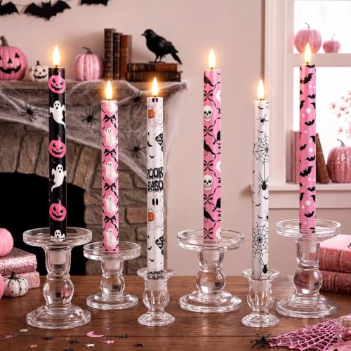 Image of Aurelema 6 Pcs Halloween LED Flameless Candle Set Pink Spooky Taper Candles Battery Operated with Remote Cute Ghost Candles Horror Pumpkin Decorations for Home Halloween Party Favors Holiday Decor