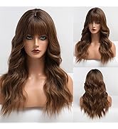 HAIRCUBE Brown Wigs Shoulder Length Curly Wigs for Women Dark Root Easy-Care Wigs with Bangs for ...