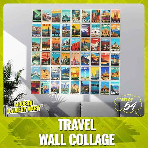 Image of MODERN GALLERY MART Pack of 54 Travel Wall Collage Kit Posters - 4 x 6 Inches Posters for Wall Decoration - Wall Art For Bedroom, Office, Living room, Dorm room - Glue Dots Included