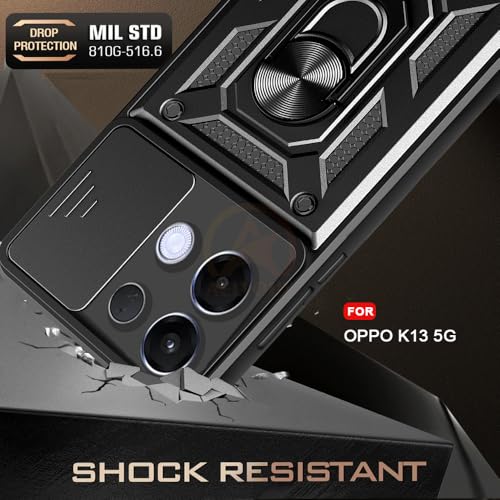 Image of Armor Bumper Back Cover Case for Oppo K13 5G Rotating Camera Cover, Ring Holder & Kickstand | Heavy Duty & 360 Degree Protection Oppo K13 5G Back Cover (Black)